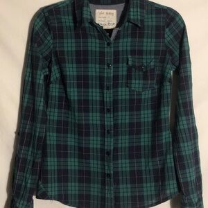 Girl Krazy Kat Womens S Lightweight Green Navy Plaid Button Up Roll Tab Pocket